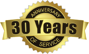 Gold badge commemorating 30 years in business